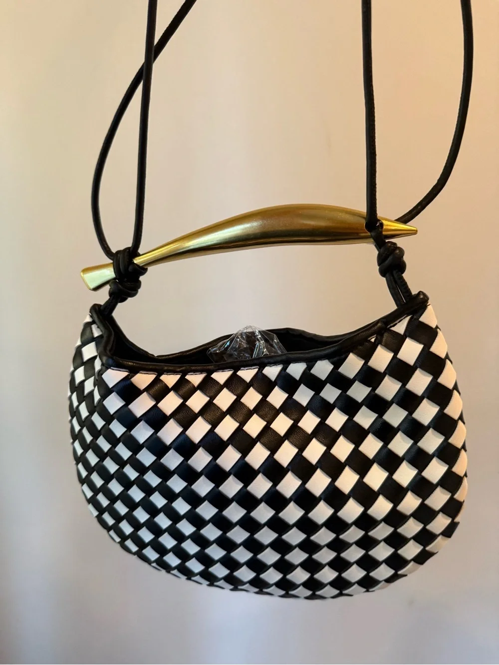 New Sardine Woven Black & White Halfmoon Bag with Gold Handle #Lux-P